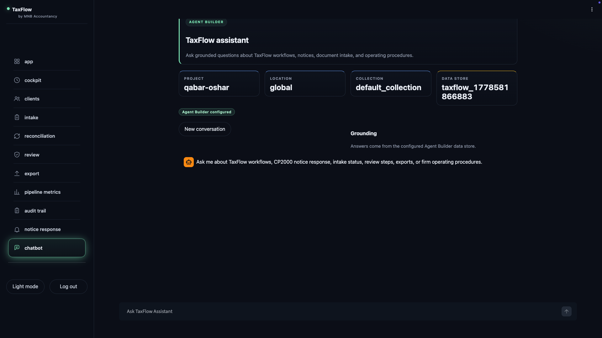 TaxFlow assistant screen connected to Agent Builder