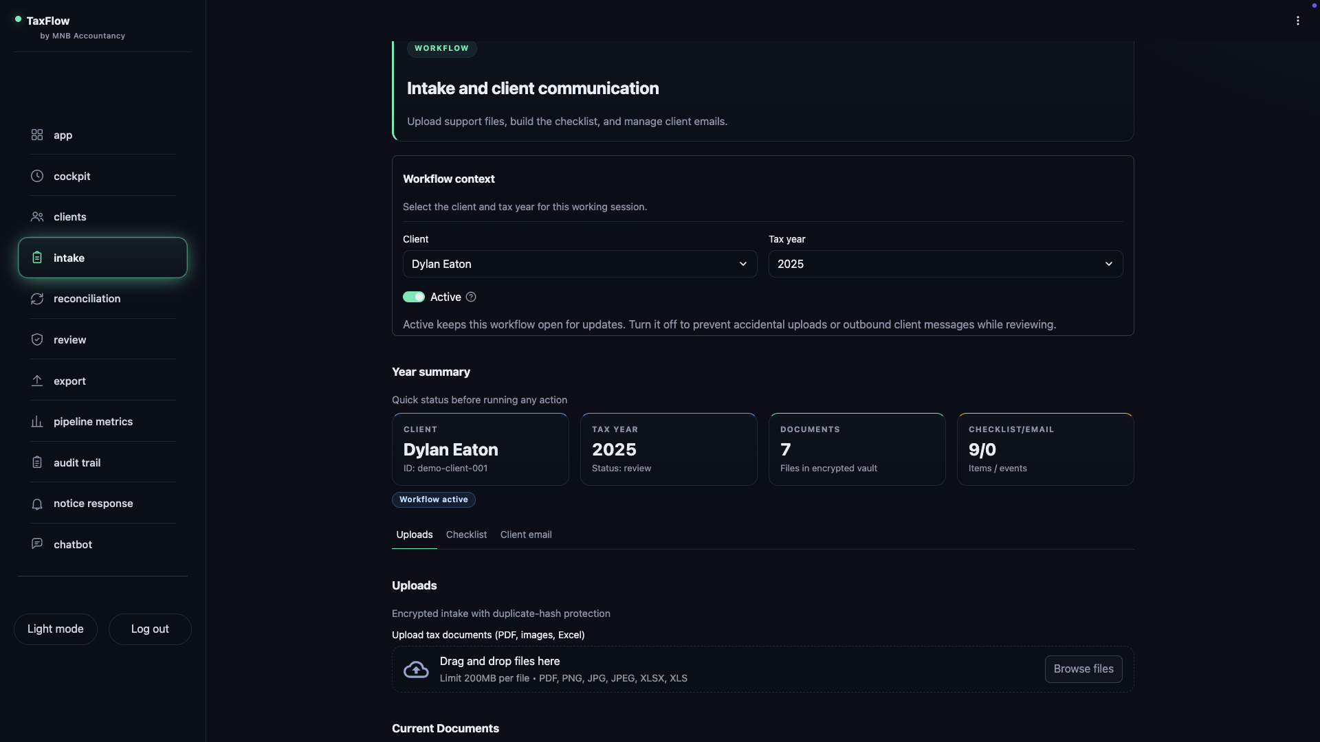 TaxFlow intake screen with encrypted upload area