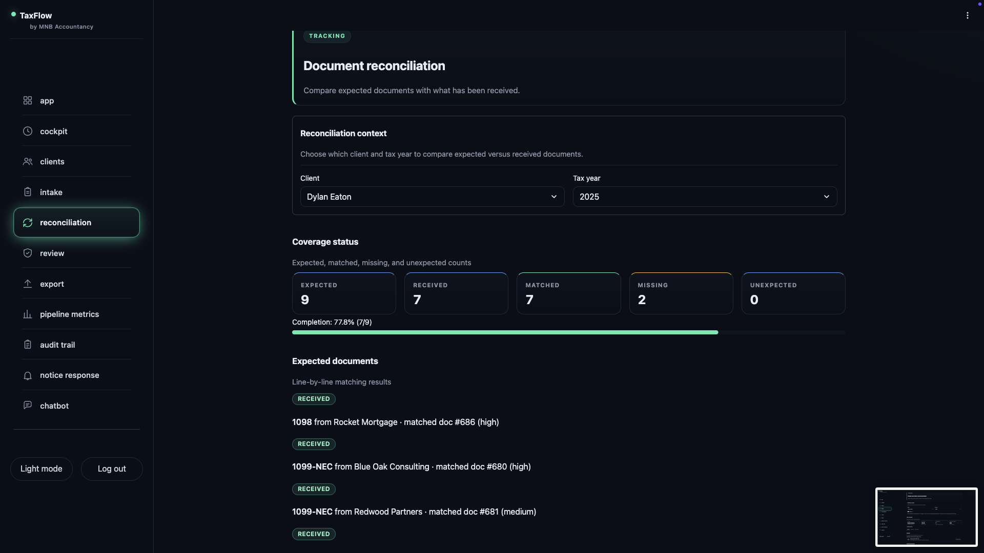 TaxFlow reconciliation view comparing expected and received documents
