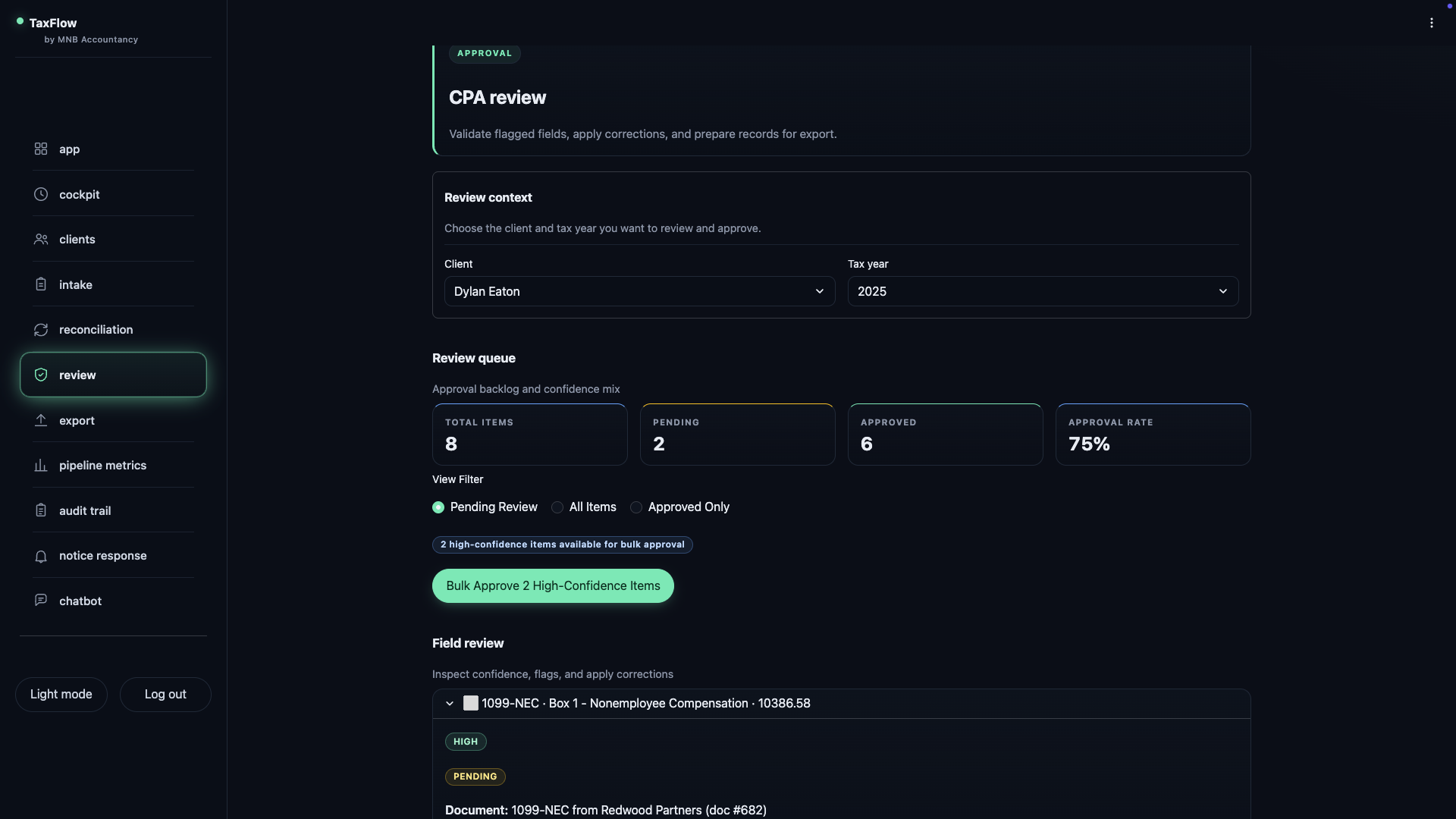 TaxFlow CPA review queue with pending and approved items